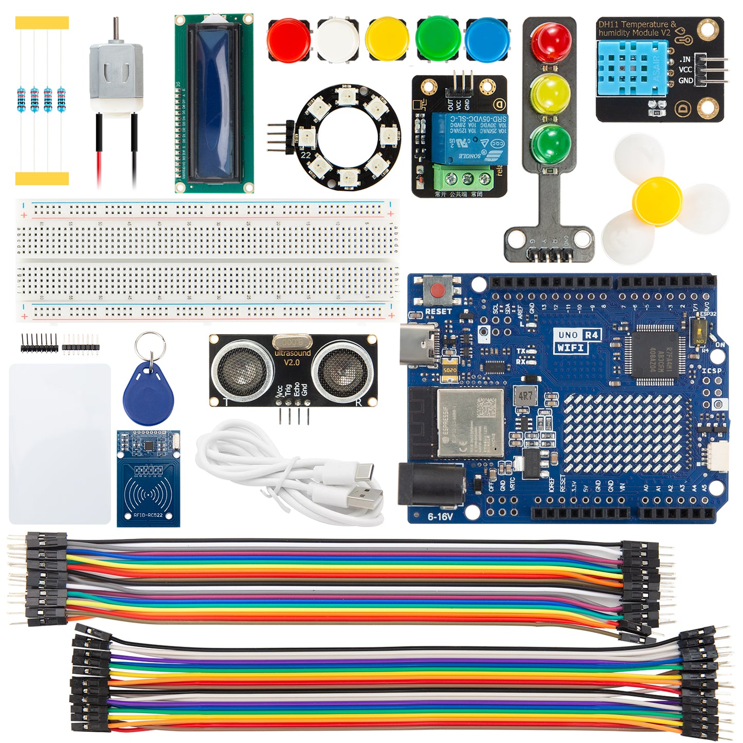 BOSTIN Complete DIY Kit: UNO R4 WiFi with RGB LED Ring, Traffic Light, LCD1602, DHT Sensor, RFID Module, Relay, DC Motor, Jumper Wires, Resistors,Compatible with Arduino IDE